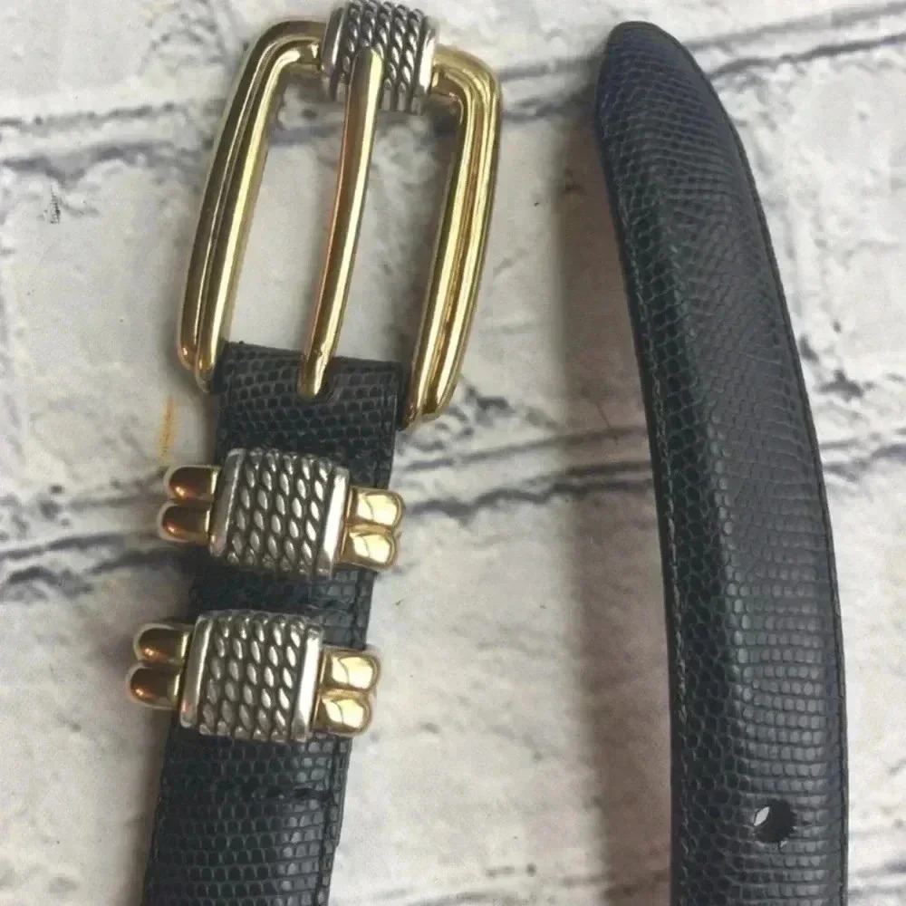 Brighton Women’s Black Reptile Embossed Belt with Gold Silver Tone Buckle 34